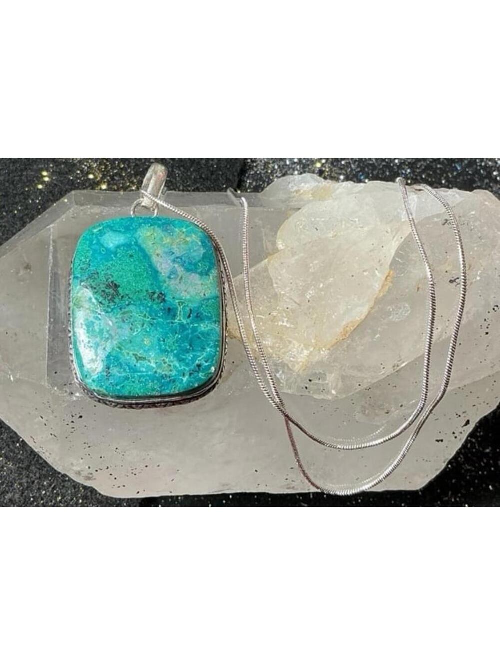 Necklace 925 marked Stunning Chrysocolla Stone  Pendant 1 .5” H  W/ 18” chain